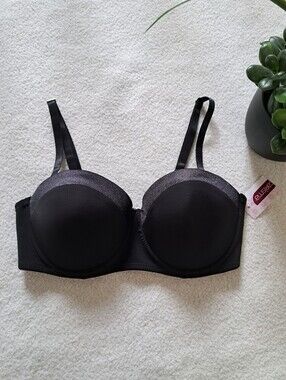 Carisma Black Convertible Bra Womens Size 36D Satin Trim Strapless Sleek NWT